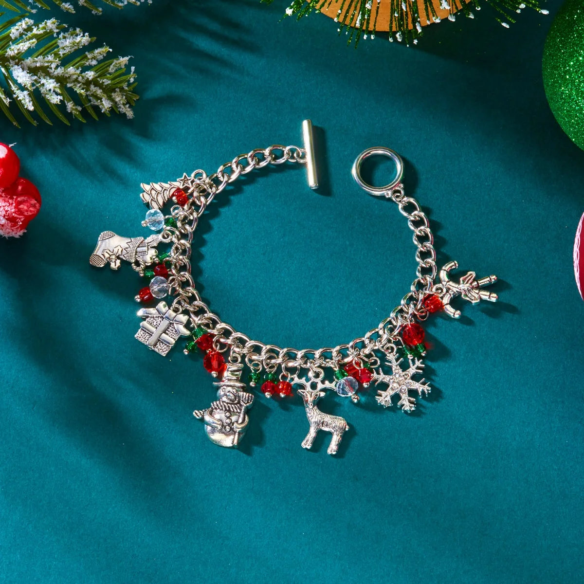 Christmas Bracelet Snowflake Santa Claus Snowman Deer Xmas Tree Wreath Imitation Pearl Crystal Beads Tassel Bangle For Women Men