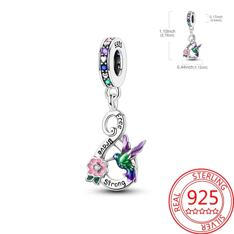 Real S925 Sterling Silver Colorful Hummingbird Flowers Charms Spring Series Beads Fit Original Bracelets DIY Jewelry for Women