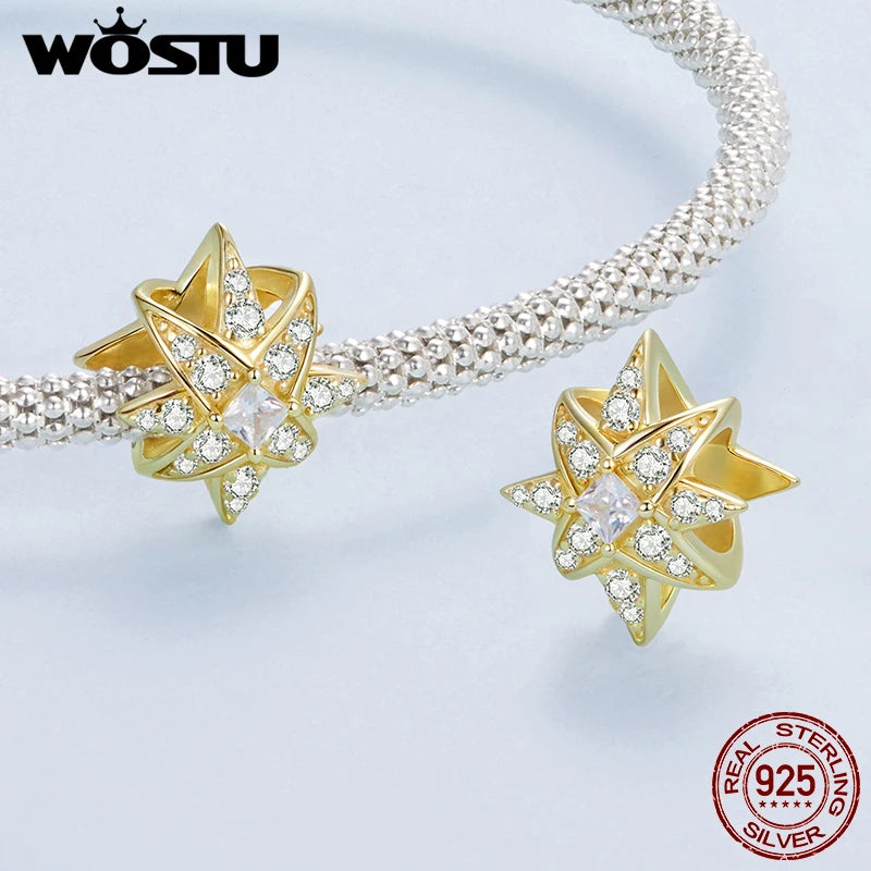 WOSTU 925 Sterling Silver Sparkling Star Pendant Necklace For Women, 18K Gold AAA Zircon Wedding Starburst Charm Necklace DIY