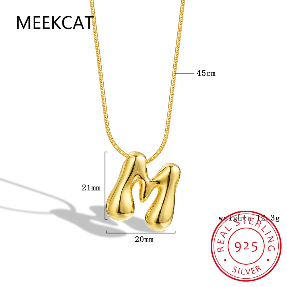 Collares 925 Sterling Silver Chunky Alphabet Balloon Bubble Initial Letter Pendant Necklace for Women Men Charm Necklaces