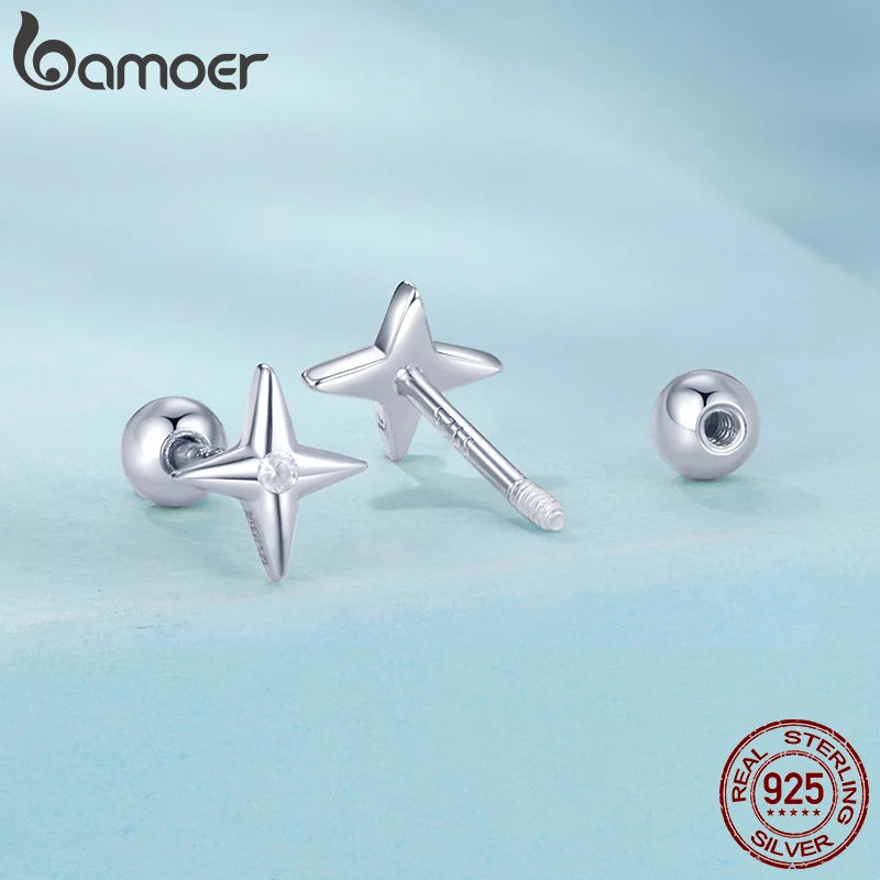 BAMOER 100% 925 Sterling Silver Star Stud Earrings, Handmade 6mm Dainty CZ Gold Plated Earrings for Women Jewelry Gift SCE1117