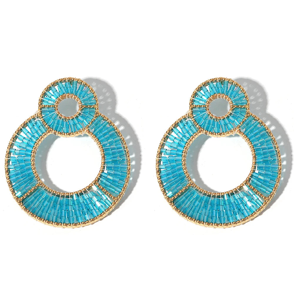 AENSOA Luxury Colorful Crystal Beaded Double Round Drop Earrings for Women Gold Color Metal Dangle Earrings Handmade Jewelry