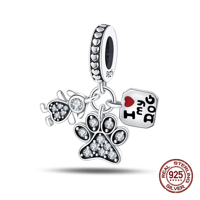 100% 925 Sterling Silver Cute Cat's Paw Dog Animal Pets Charms Beads Fit 3mm 925 Original Bracelet Fine DIY Birthday Jewelry