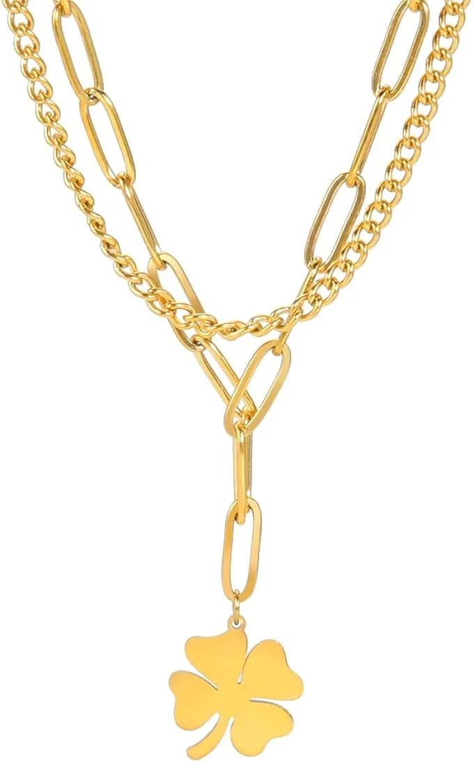 Dreamtimes Lucky Four Leaf Clover Necklace For Women Fashion Snake Chain Stainless Steel Pendant Necklaces Charm Choker Jewelry