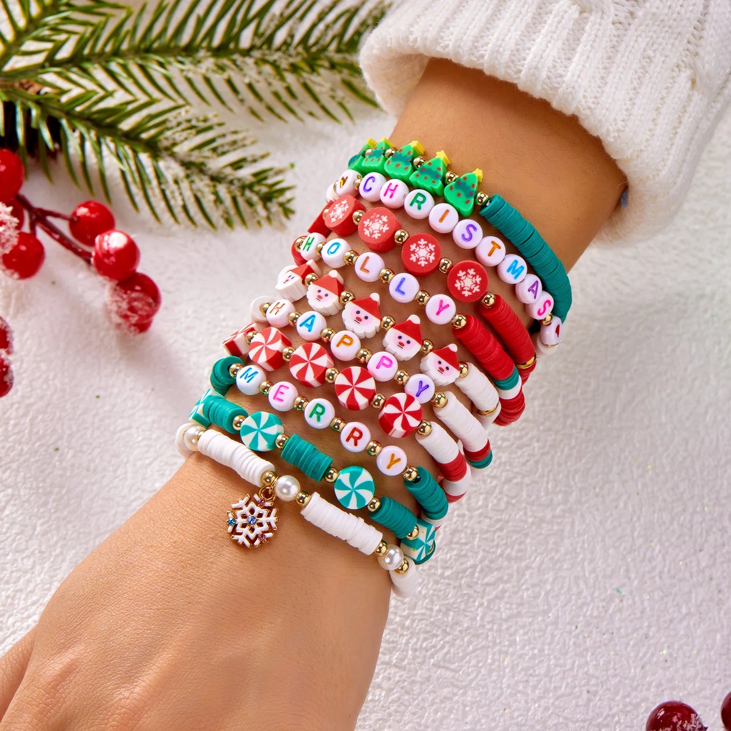 10 Pcs Christmas Crystal Beaded Stackable Bracelet For Women Santa Claus Xmas Tree Snowflake Letter Beads Bangle Party Jewelry