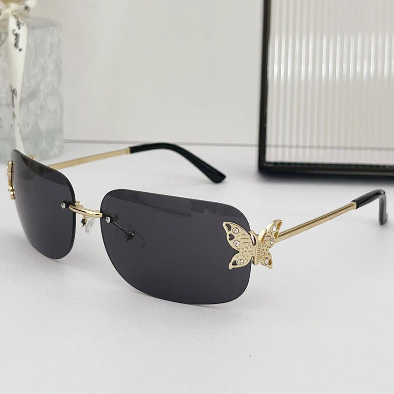 2025 Y2K Luxus Marke Designer Randlose Quadratische Sonnenbrille Frauen Für Weibliche Trendy Sonnenbrille Diamant Schmetterling Punk Shades UV400