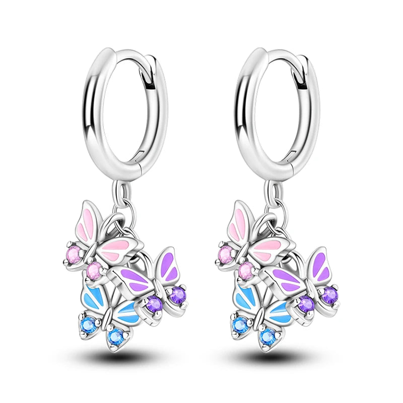 New Earring For Women 925 Silver Sparkling Butterfly Bear Pink Heart Princess Double Hoop Earrings Luxury Party Jewelry