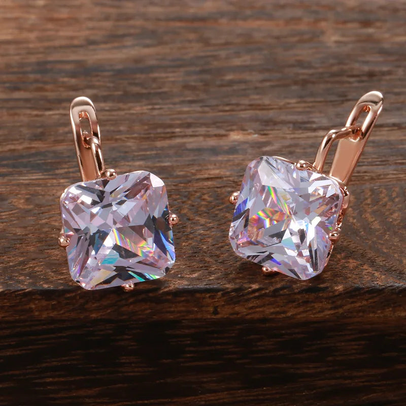 Rose Gold Geometric 585RG Earrings for Women Small Square Zircon Ear Clips Minimalist Fashion Jewelry