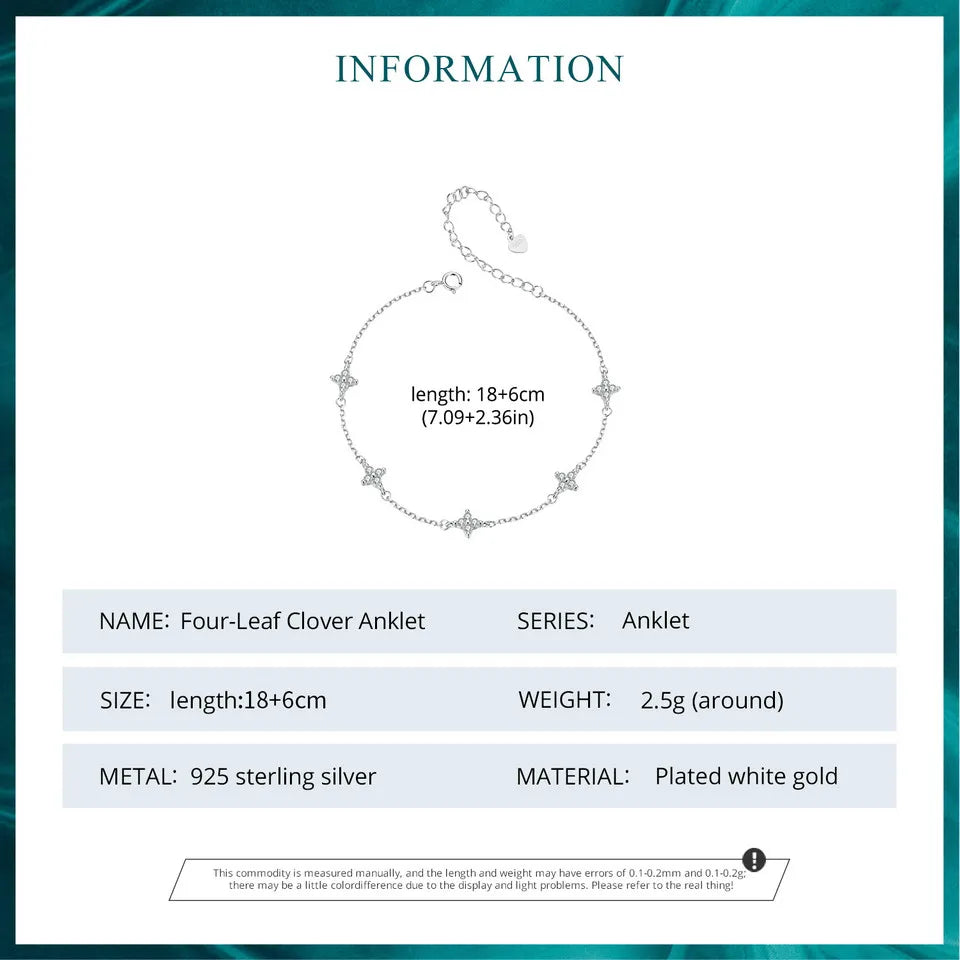 BISAER 925 Sterling Silber Vierblättriges Kleeblatt Fußkettchen Schlichte glänzende Zirkonia Fußkettchen Vergoldet Weißgold Für Frauen Urlaub Edler Schmuck