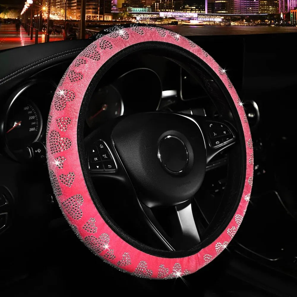Velvet Studded Faux Diamond Heart Flash Car Accessories without Inner Ring Steering Wheel Cover for 14-15 Inch Women - Madeinsea©