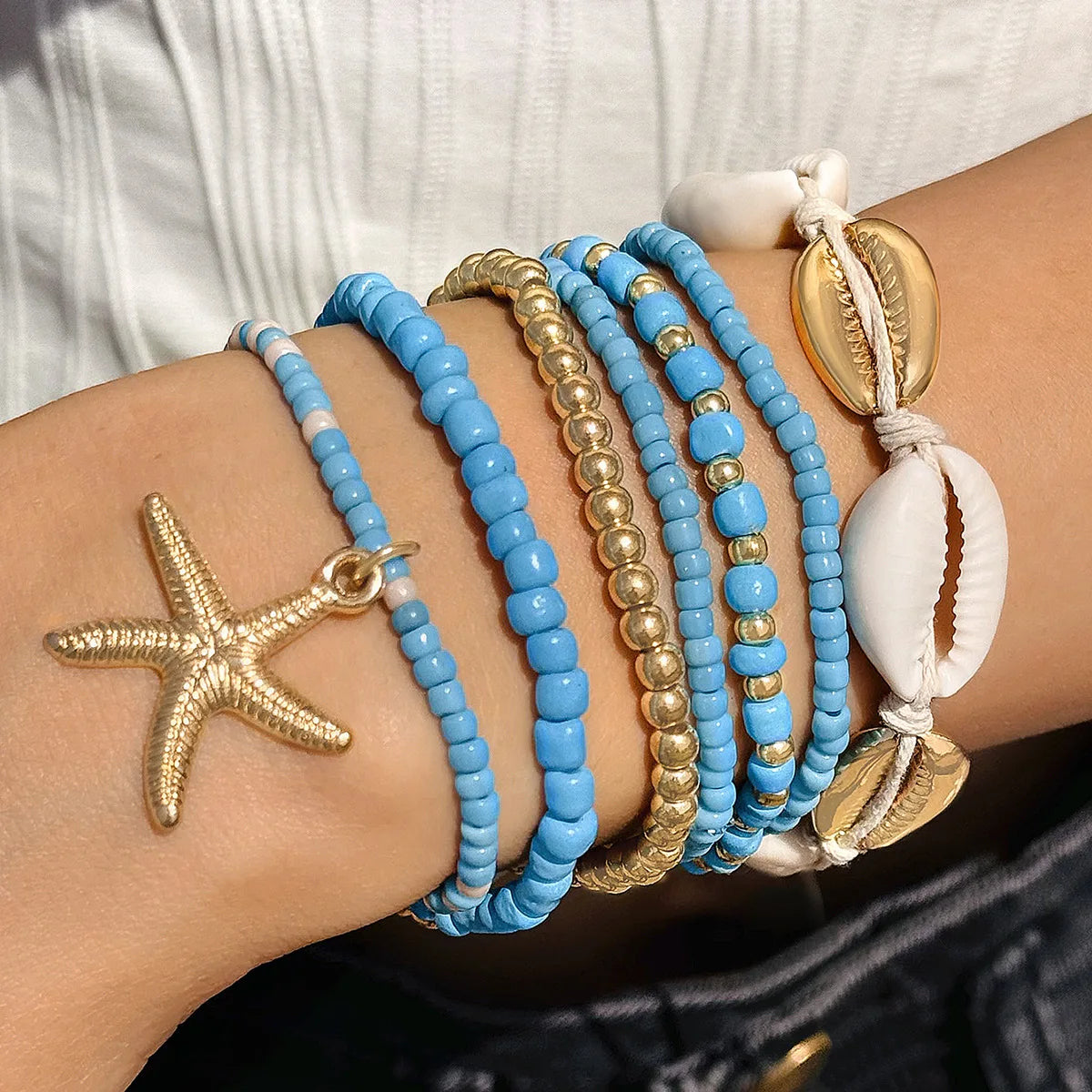 Bohemian Vacation Style Bracelets for Women Shell Beaded Weaving Bracelet Beads Seven Piece Set Bracelet Beach Photo Jewelry