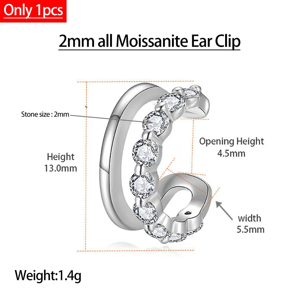 Serenity All D Moissanite Earrings for Women Men S925 Sterling Silver Lab Diamond Ear Clip Plated 18K No hole to wear Girl Gift - Madeinsea©