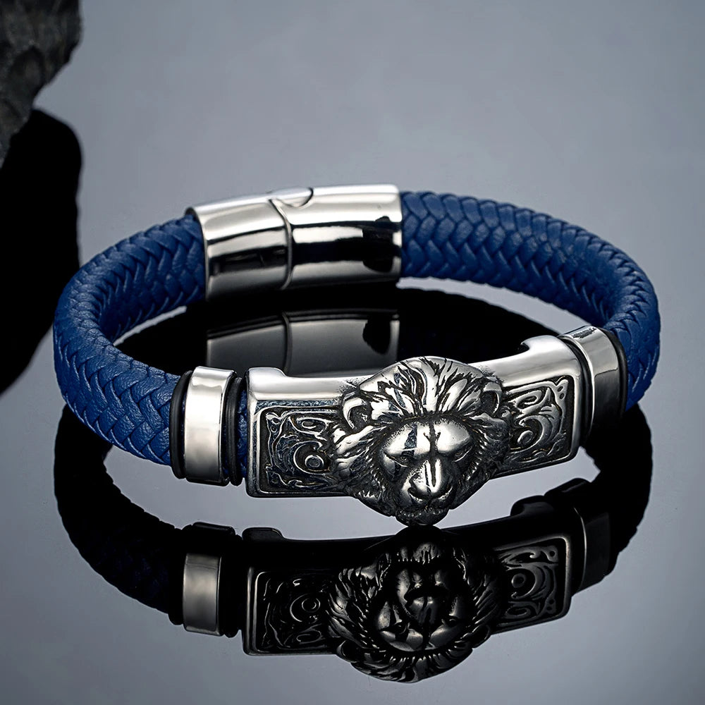 MKENDN Punk Lion Men Braided Genuine Black Leather Bracelet Stainless Steel Magnetic Buckle Bracelet Gifts Homme Pulseras