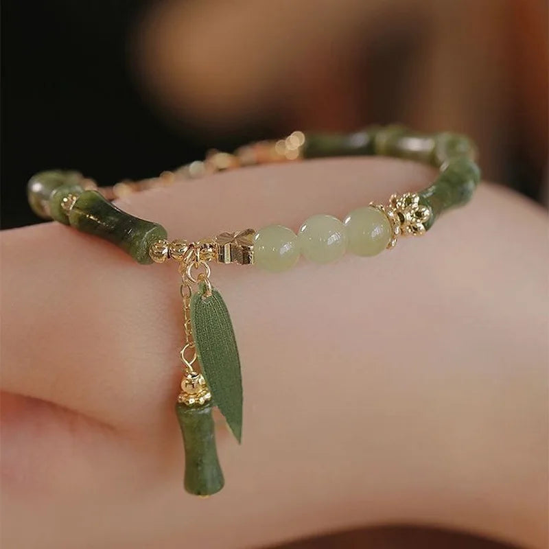 Handmade Green Bamboo Joint Beaded Bracelet for Women Leaves Tassel Flower Bracelets Bangles Girls Party Charm Jewelry Gifts