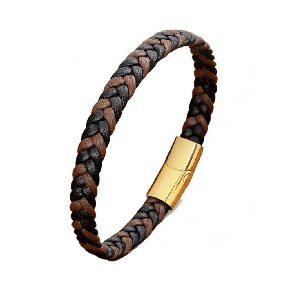 MKENDN Simple Classic Stainless Steel Bracelet for Women Men Genuine Braided Leather Bangles Special Couple Jewelry Gift