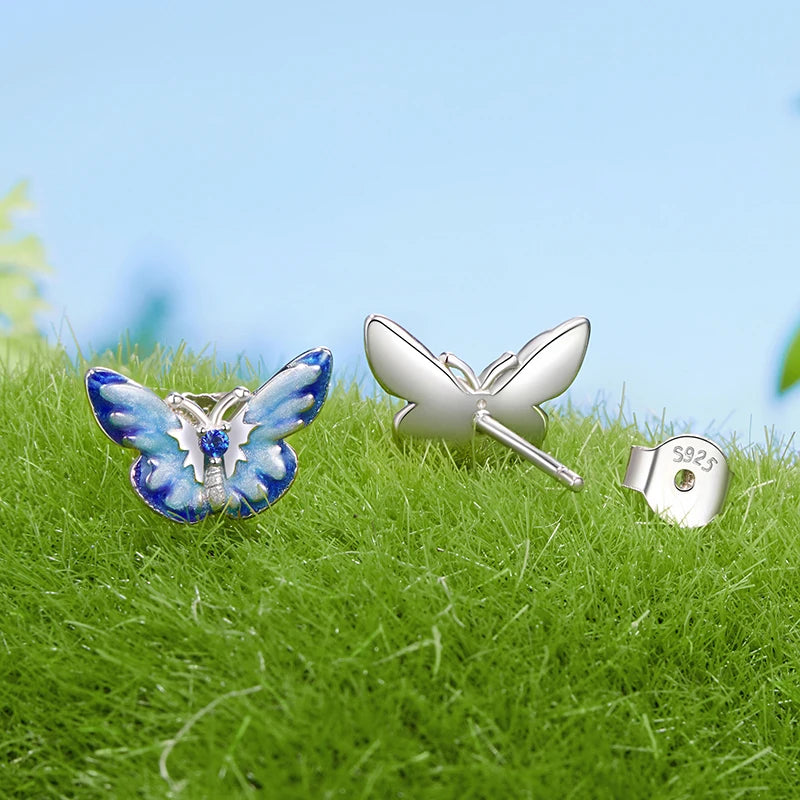 WOSTU 925 Sterling Silver Blue Butterfly Stud Earrings Open Ring For Women Wedding Engagement Fine Jewelry Set Girl Party Gift