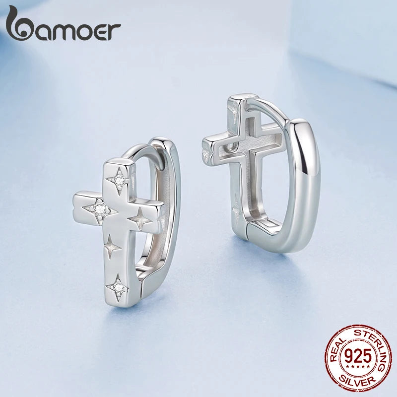 BAMOER Vintage-Kreuz-Ohrringe aus 925er Sterlingsilber für Damen, mit Zirkonia besetzt, zartes Schmuckstück, hypoallergen