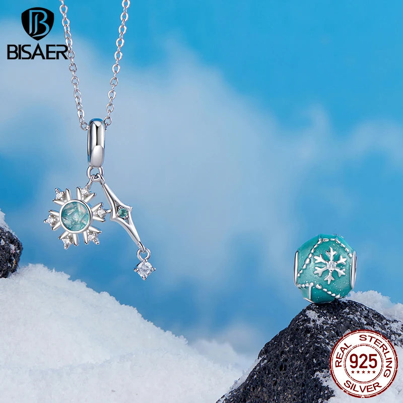 BISAER 925 Argent Sterling Cristal Flocon De Neige Charm Perle Papillon Flocon De Neige Stopper Pendentif pour Femmes Bracelets DIY Bijoux Fins