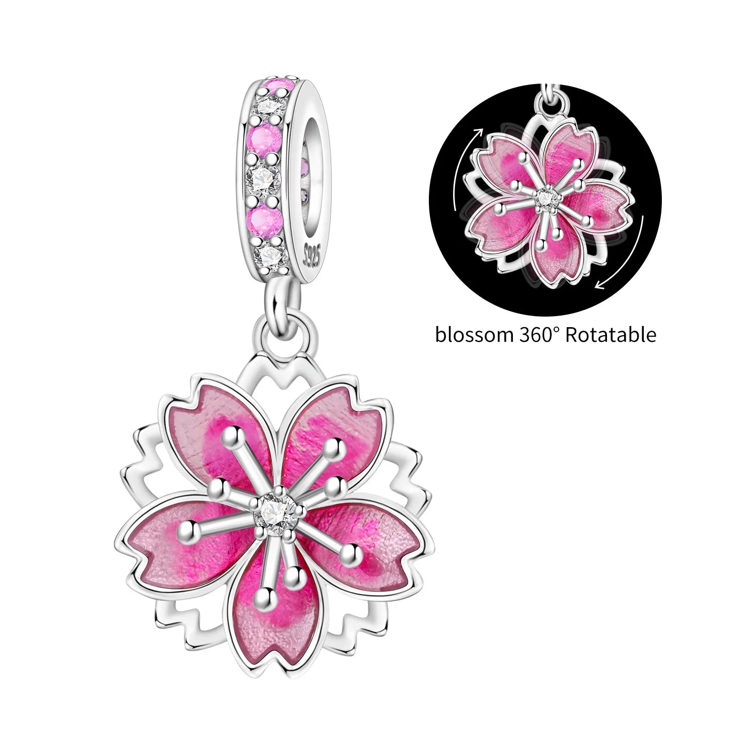 PANPOKI 925 Sterling Silver Rotating Cherry Blossom Flower Beads Original Pendants Bracelet Charm Jewelry Party DIY Trendy Gift