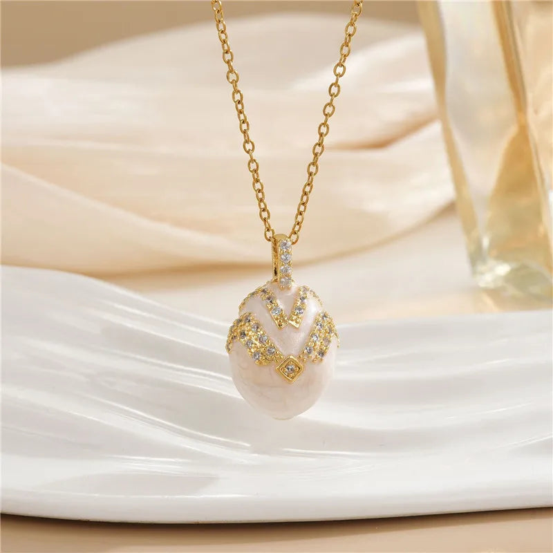 Fashion Easter Egg Enamel Zircon Pendant Necklace Stainless Steel Chains Geometric Choker Jewelry Gifts For Women Girls