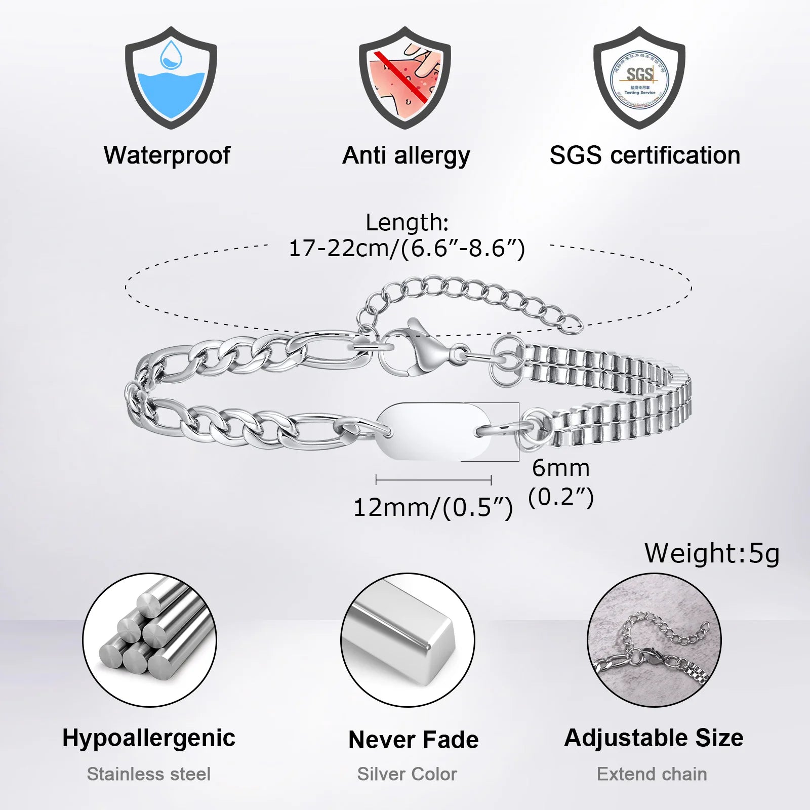 Bracelets initiaux Vnox AZ pour hommes et femmes, chaîne Figaro qui ne se décolore jamais, bracelets à chaîne à maillons doubles, cadeau nominatif pour lui