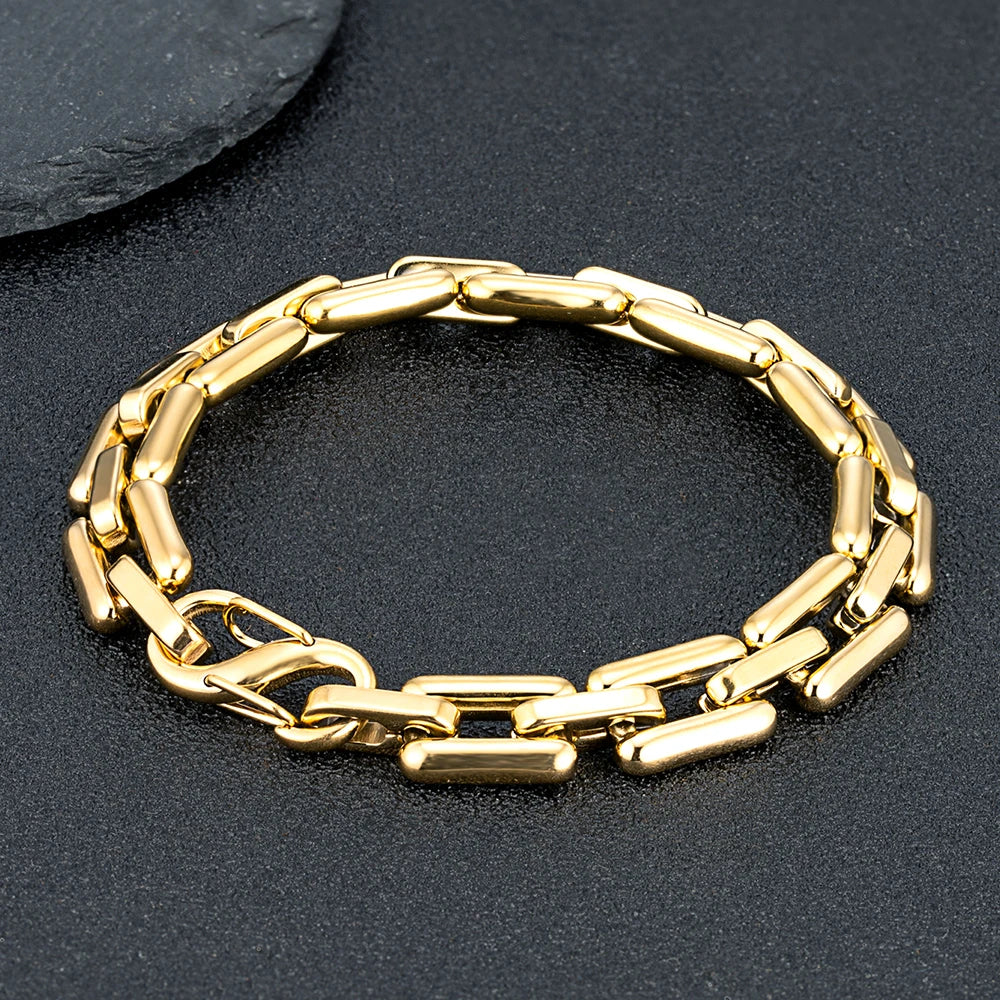 MKENDN Men's Heavy Handmade Chain Bracelet Never Fade Double Push Carabiner Clasp Stainless Steel Punk Rectangle Link Accessory