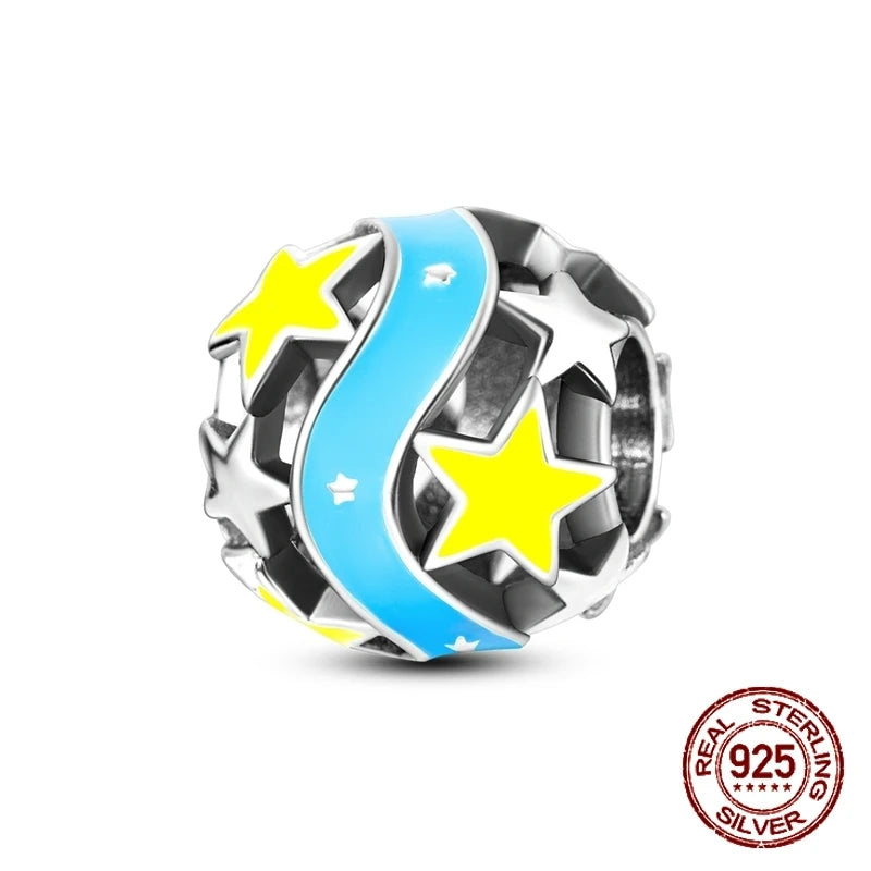 Breloque en argent sterling 925 représentant la lune, l'étoile, l'avion, l'espace, série bleue, compatible avec les bracelets Pandora originaux, bijoux à offrir