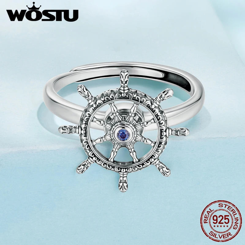 WOSTU 925 Sterling Silver Rotatable Helm Ring Steer Ships Ocean Original for Women Wife Anniversary Birthday Fine Jewelry Gift