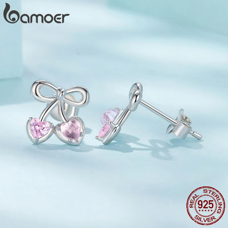 BAMOER 925 Sterling Silber Ohrstecker mit rosa Herz und Kirsche, Schleifen-Creolen für Damen und Teenager, süßes hypoallergenes Weihnachtsgeschenk
