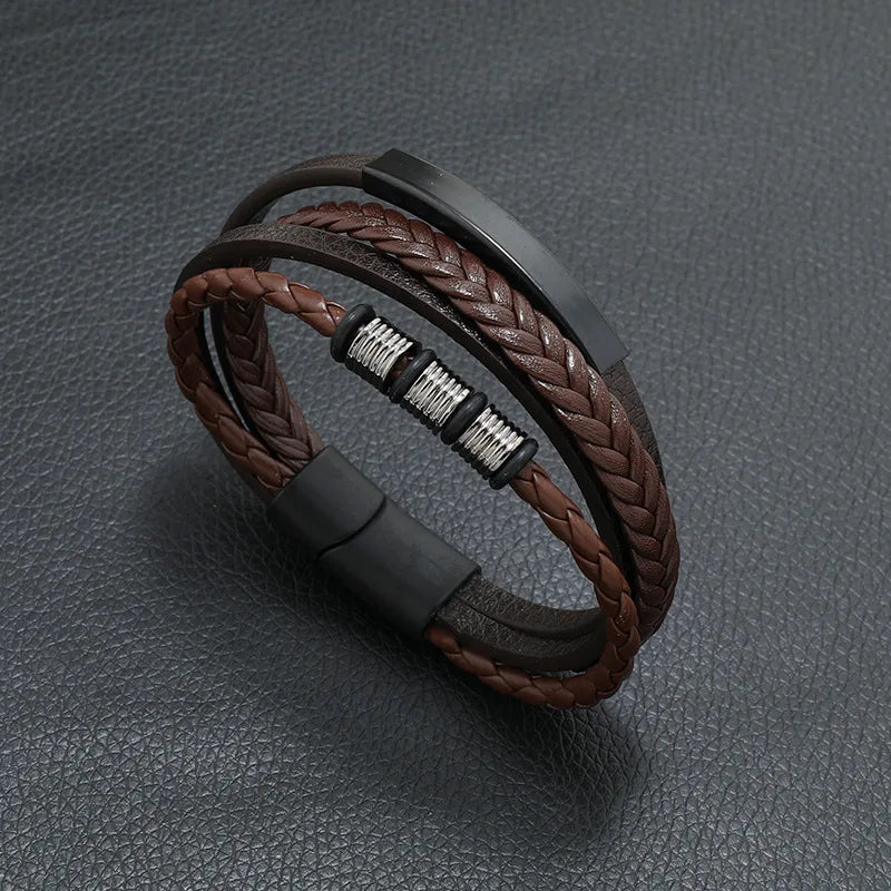 New Men's Leather Braided Bracelet Crack Pyramid Alloy Magnet Buckle Multilayer Leather Bracelet Bracelet