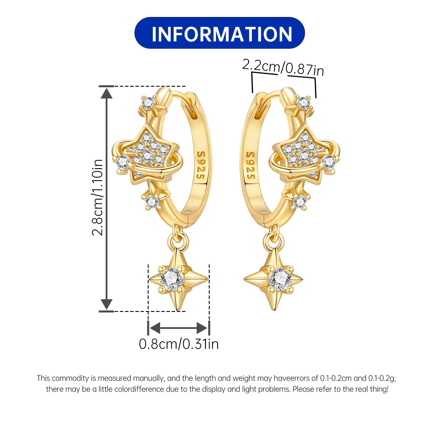 PANPOKI 925 Sterling Silver Golden Sparkling Stars Drop Earrings Women Earrings Charm Fashion Versatile Party Jewelry Gifts