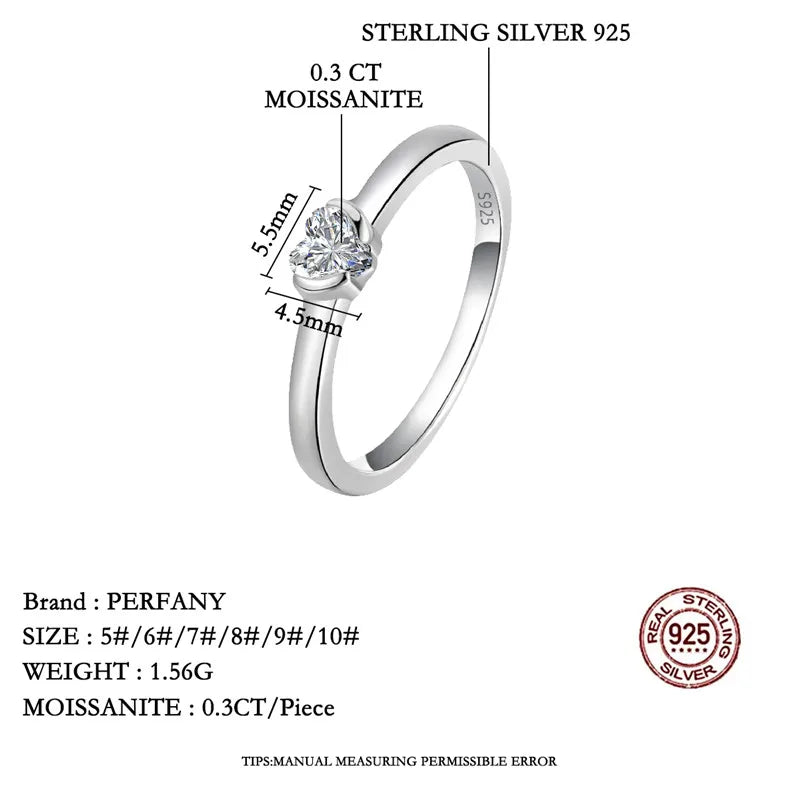 PERFANY 0.3CT Heart Cut Moissanite Ring for Women S925 Pure Silver Classic Wedding Ring Fashion Jewelry Party Gift - Madeinsea©