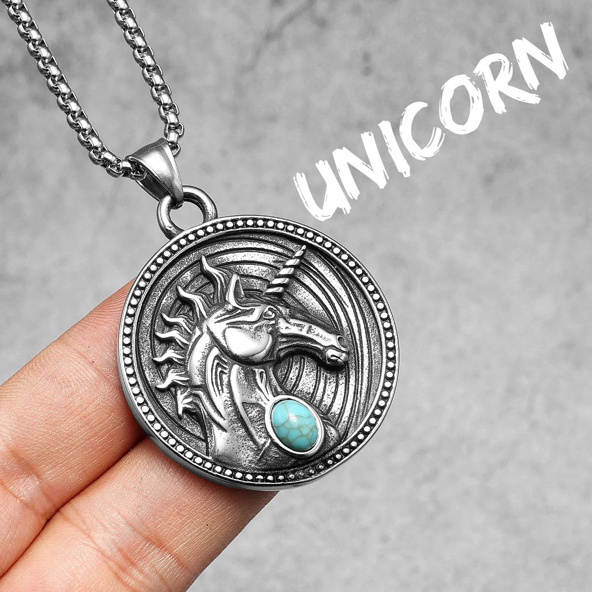 Unicorn Gem Pendants Men Necklaces 316L Stainless Steel Turquoise Chain Rock Hip Hop for Friend Male Jewelry Gift Dropshipping