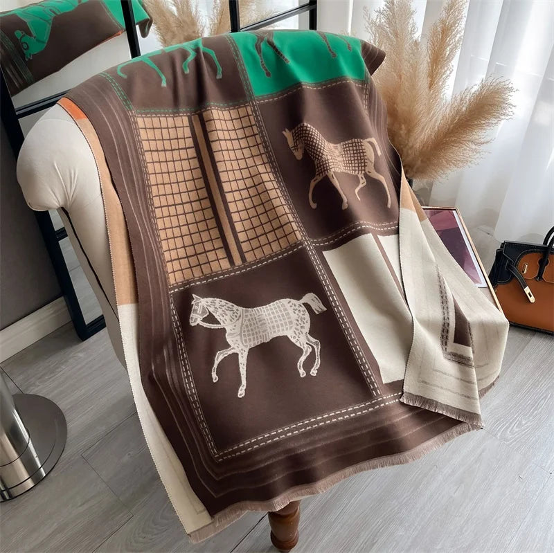 New Hot Winter Scarf Women Soft Cashmere Warm Pashmina Plaid Horse Print Scarves Wraps Thick Shawl Bufandas Tassel Stoles Hijabs