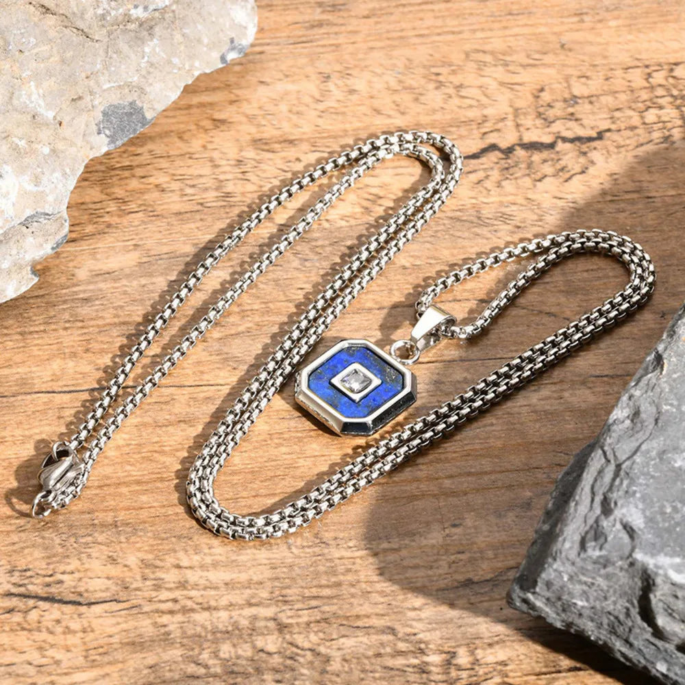 Vnox Mens Square Pendant Necklaces, Small Geometric Natural Stone Pendant with AAA CZ Stone, Simple Vintage Collar