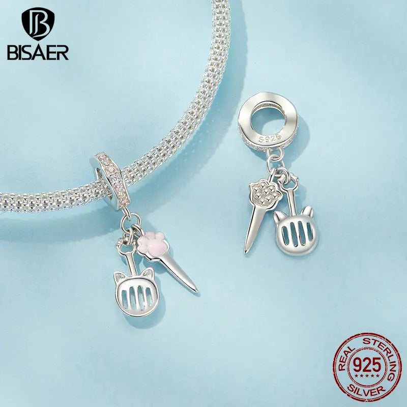 BISAER 925 Sterling Silver Baby Bottle Set Charm Bead Peigne Couverts Cute Pet Kit Pendentif de vacances Fit Femmes DIY Bracelet Bijoux