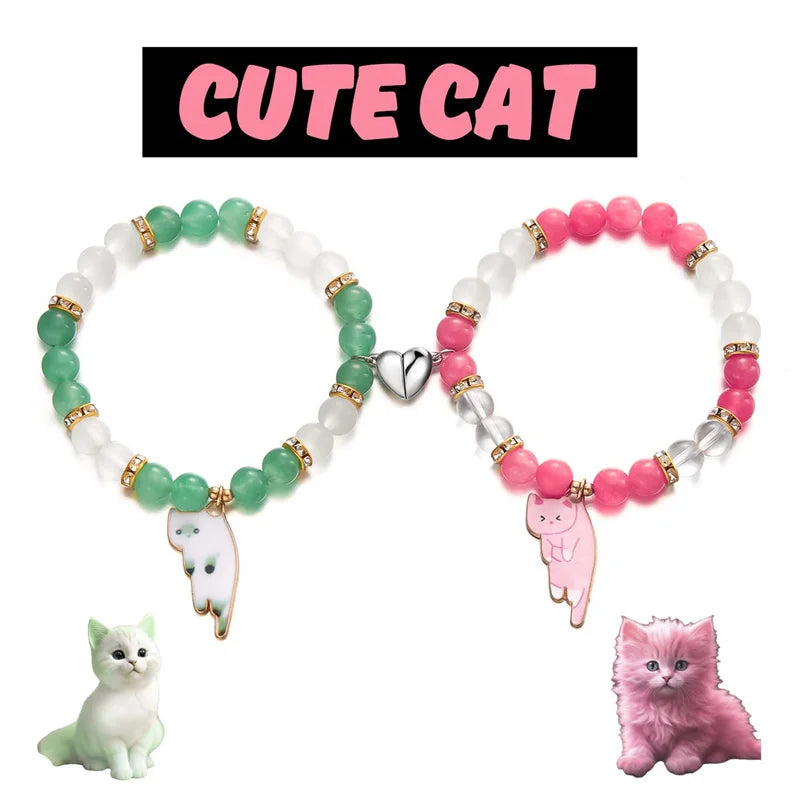 2pcs Magnetic Couple Bracelets Love Heart Shaped Matching Attraction Cat Kitten Pendant Bracelet Women Men Lover Wedding Jewelry