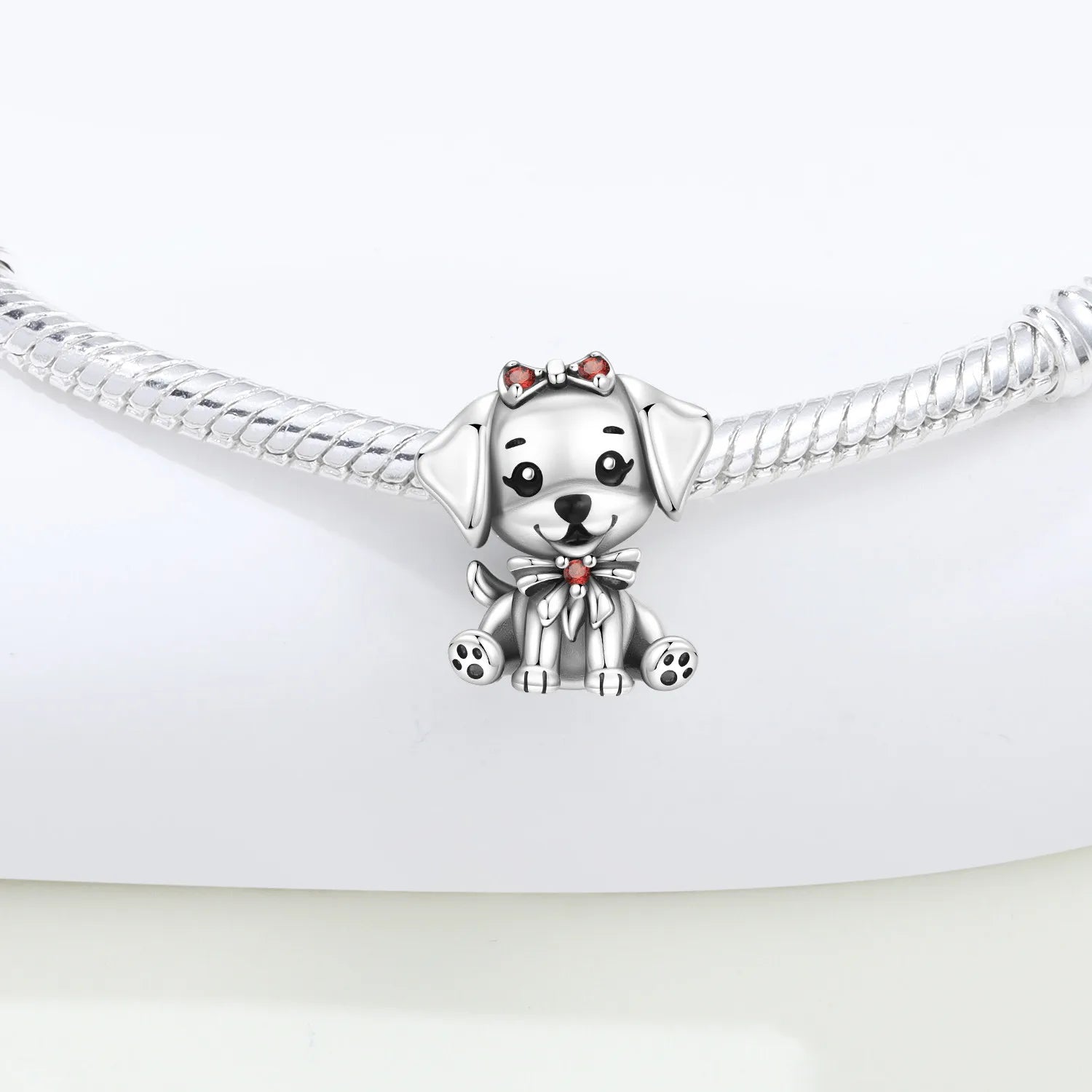 PANPOKI 925 Sterling Silver Cute Bow Dog Animal Pet Beads Original Pendants Bracelet Charm Jewelry Party DIY Trendy Gifts