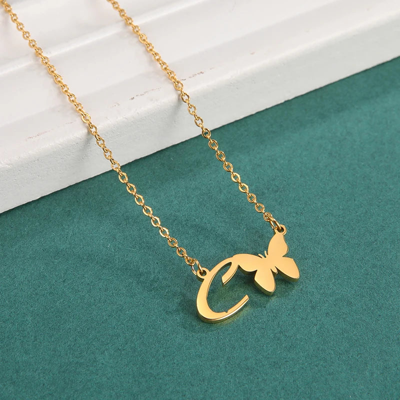 New Fashion 26 Initials Letter Pendant Butterfly Necklace for Women Elegant Stainless Steel Gold Color Necklace Jewelry Gift