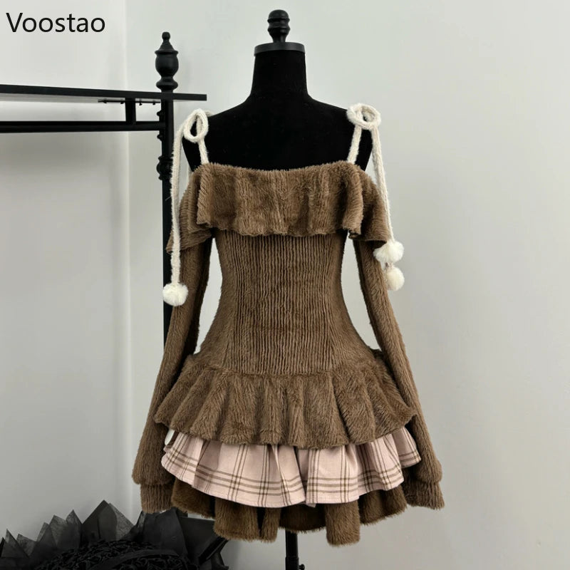 Vintage Sweet Lolita 2 Piece Sets Women Japanese Off Shoulder Bow Blouse Tops Plaid Cake Mini Skirt Suit Girls Cute Y2k Outfits