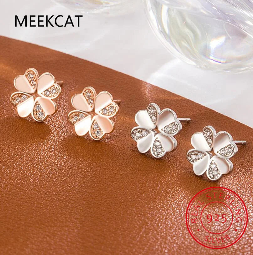 Real 925 Sterling Silver Zircon Clover Stud Earrings For Women Cute Fine Jewelry Minimalist Accessories
