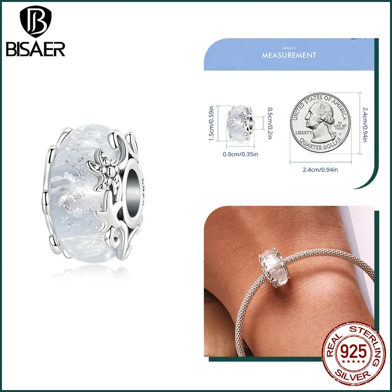 BISAER Real 925 Sterling Silver Bule Turtle Crab Charm Bead Sea Shells Pendant For Women DIY Bracelet & Necklace Holiday Gifts