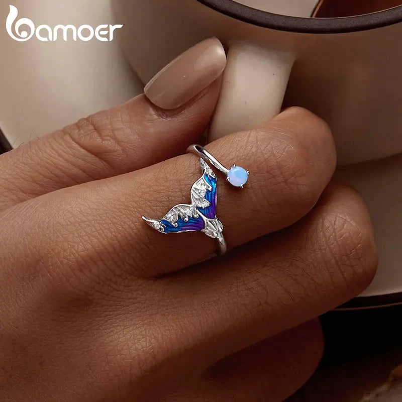 Bamoer 925 Sterling Silver Fantasy Mermaid Tail Opening Ring Colorful Enamel Adjustable Ring for Women Party Fine Jewelry