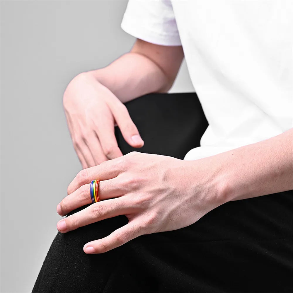 MKENDN Multicolor Men Women Rainbow Colorful LGBT Pulsera Ring Stainless Steel Wedding Band Lebian & Gay Rings Pride Gifts