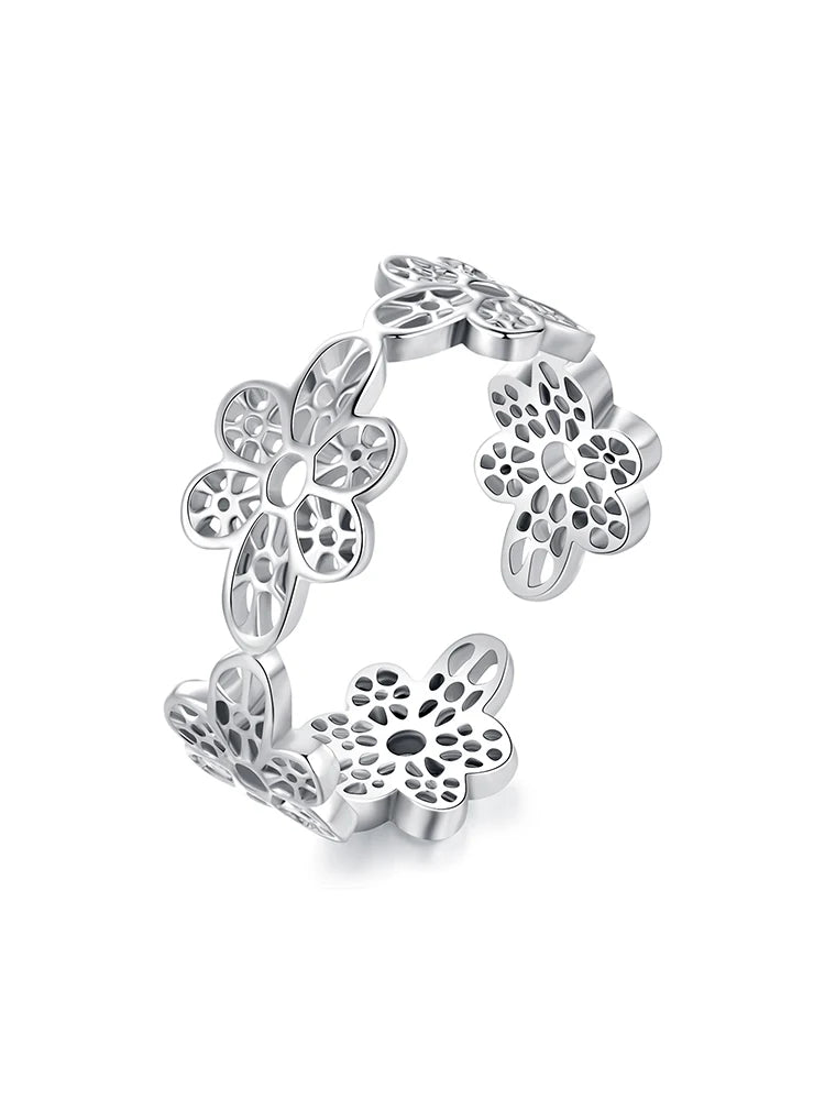 WOSTU 925 Sterling Silver Vintage Flower Opening Ring , Women Hollow Lace Flowers Adjustable Party Rings Statement Jewelry Gift