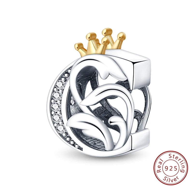 925 Sterling Silver 26 Alphabet A-Z Crown Letters Charms Bead Fit Original Bracelet Fine DIY Charm For Woman Anniversary Jewelry