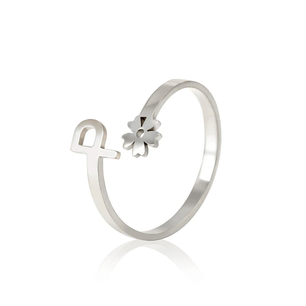 Stainless Steel Flower 26 Alphabet Open Ring for Women A-Z Initial Name Ring 2022 New Fashion Jewelry for Birthday Gift