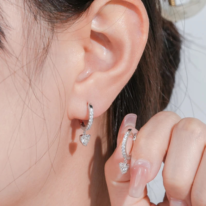 OXTAO Heart Shaped Pendant Earrings Female 925 Sterling Silver D Color Moissanite Dangle Hoop Earrings Wedding Jewelry Gift