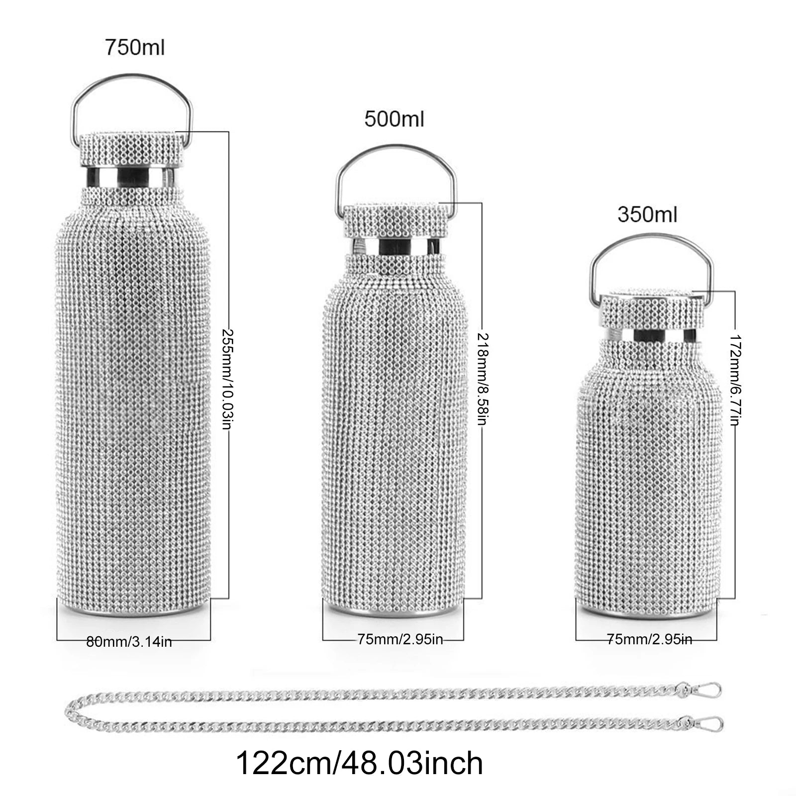 350ml/500ml/750ml Diamond Thermos Bottles Portable Glitter Water Bottle 304 Stainless Steel for Women Outdoor Traveling Products