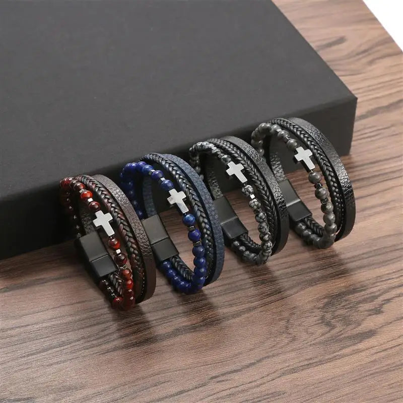 Fashion Cross Charm Mutilayer Leather Bracelet with Stainless Steel Clasp Men Punk Beaded Leather Bracelet For Men Jewelry Gift